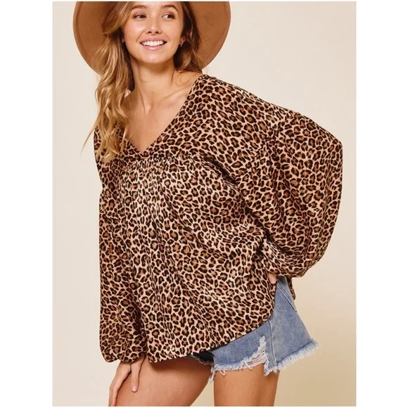 012 Boho Leopard Print Loose Fit Babydoll Top - Picture 1 of 6